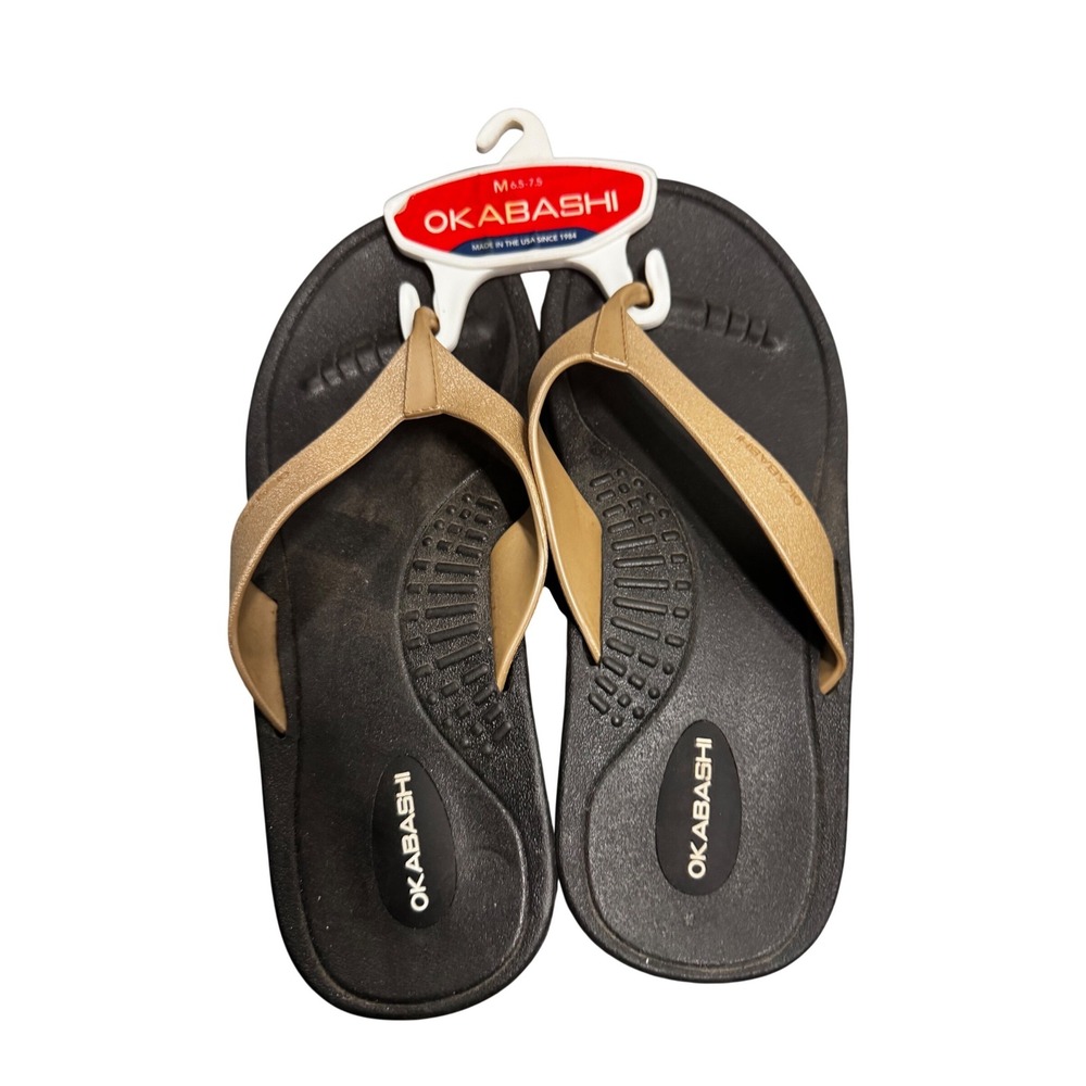 Okabashi Shoreline Women Flip Flop Black Gold Size M 6.5-7.5 Made in USA NEW